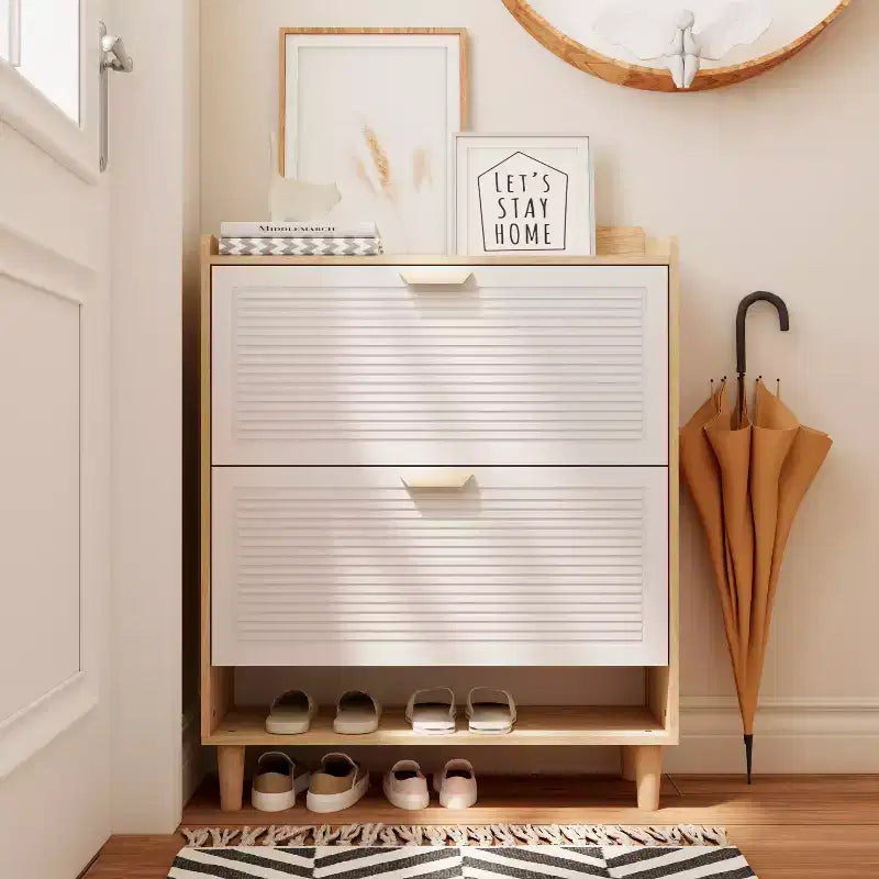 MAYEERTY Nordic Style Shoe Storage Cabinet with 2 Flip Drawers Freestanding Organizer with solid Wood Legs for Entryway White and Solid Wood