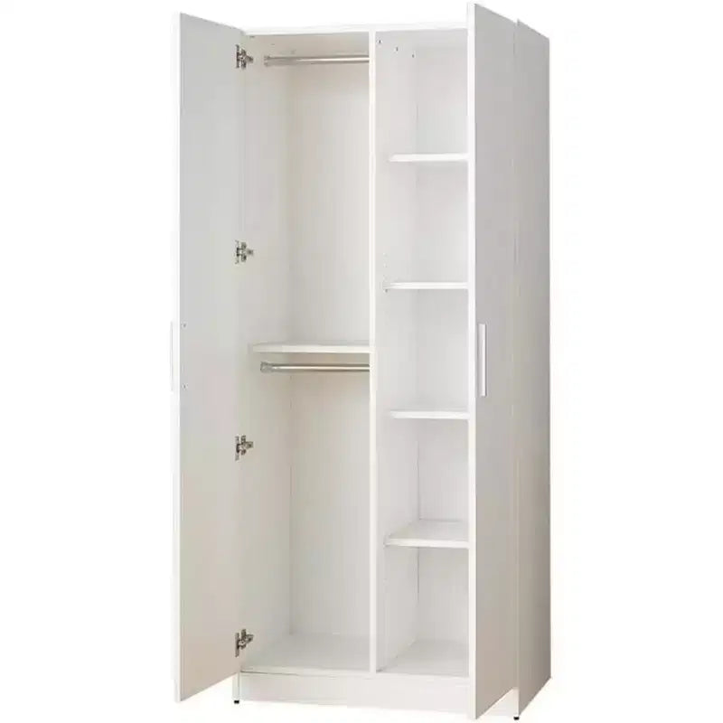 Armadio contemporaneo in legno con appendiabiti e cinque ripiani in bianco