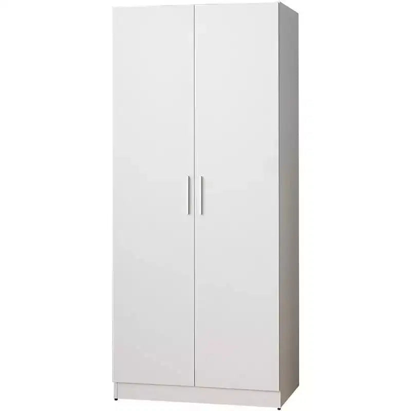 Armadio contemporaneo in legno con appendiabiti e cinque ripiani in bianco