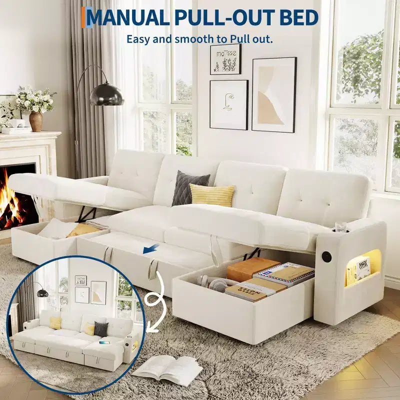 Divano letto a elle con contenitore, porte di ricarica e luci LED