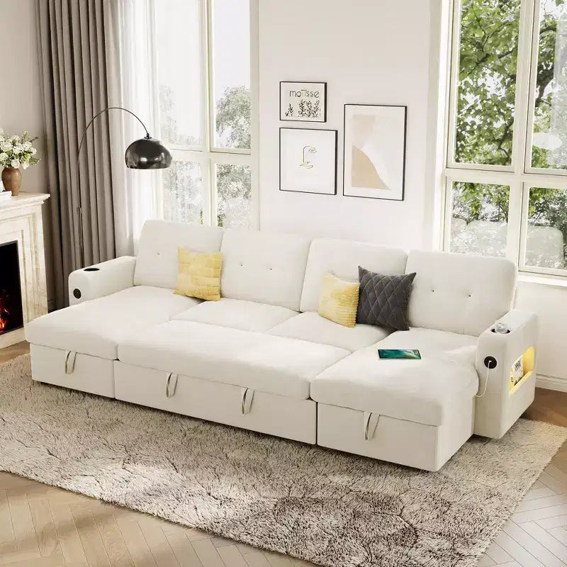 Divano letto a elle con contenitore, porte di ricarica e luci LED