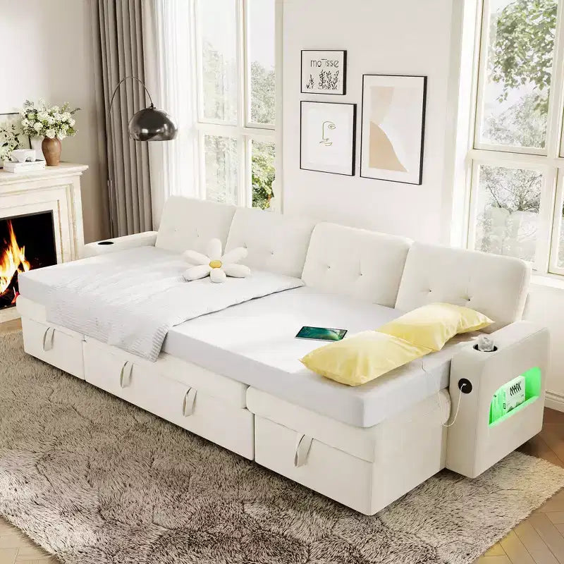 Divano letto a elle con contenitore, porte di ricarica e luci LED