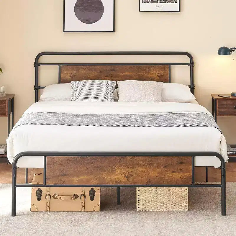 Telaio Letto Matrimoniale Queen Size con Testiera in Legno e Doghe Metalliche
