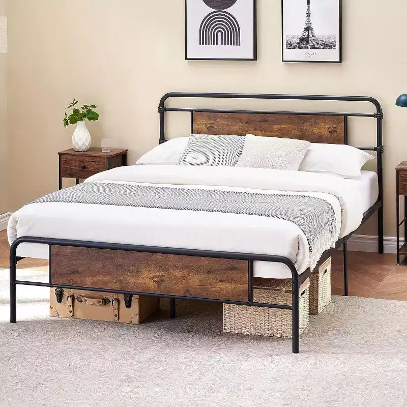 Telaio Letto Matrimoniale Queen Size con Testiera in Legno e Doghe Metalliche