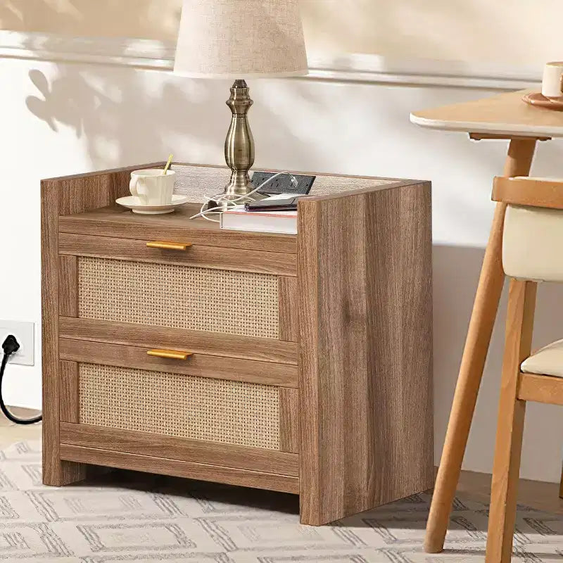 Comodino in Rattan con 2 Cassetti e Stazione di Ricarica, Tavolino da Notte Largo 60 cm
