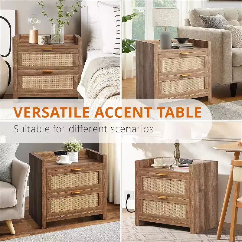 Comodino in Rattan con 2 Cassetti e Stazione di Ricarica, Tavolino da Notte Largo 60 cm