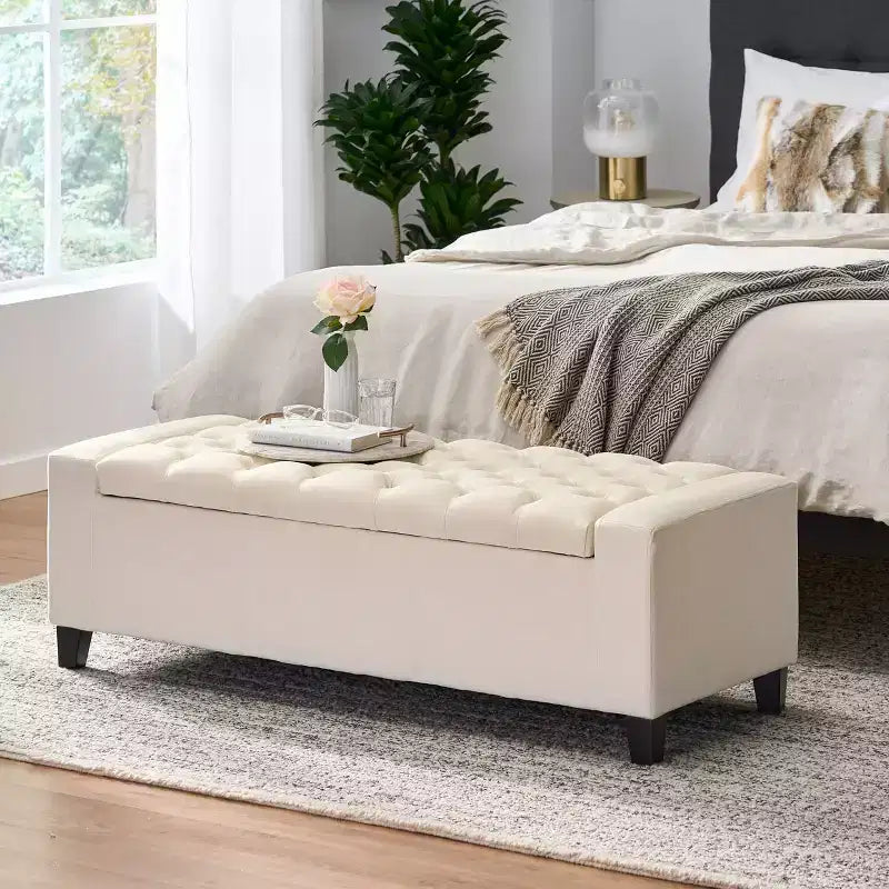 Panca contenitore imbottita con parte superiore trapuntata per soggiorno e camera da letto