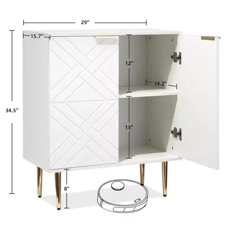 Credenza in legno con ante a rilievo, pomelli e ripiano dorati – Bianco