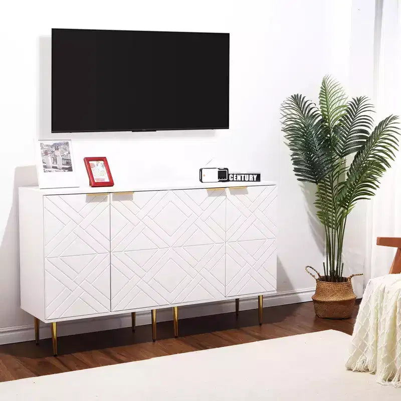 Credenza in legno con ante a rilievo, pomelli e ripiano dorati – Bianco