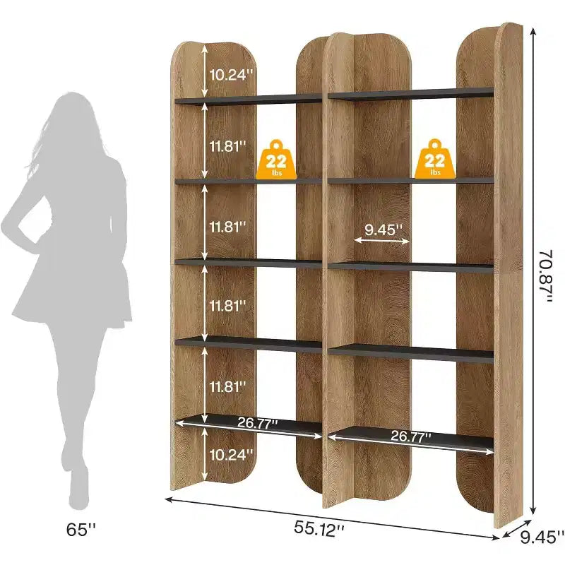 Scaffale a 5 ripiani doppio, alto 180 cm, con ripiani aperti per ufficio e soggiorno