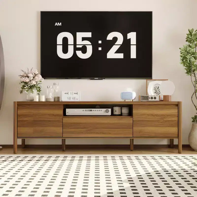 Famapy Minimalist Natural Style Modern TV Stand with Solid Wood Legs - Organize Media & Decor Spacious Storage