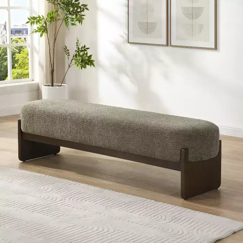 Pouf rivestito in filato bouclé da 64 pollici con gambe in legno di gomma