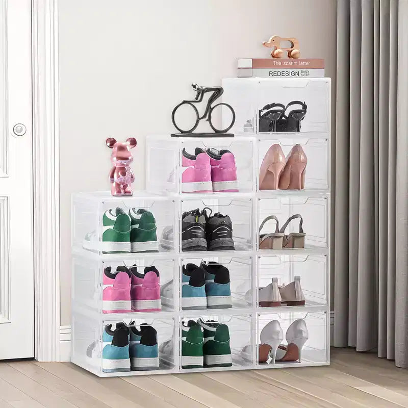 Scatole per scarpe impilabili trasparenti, confezione da 12 con sportello magnetico, adatte fino alla taglia US 13