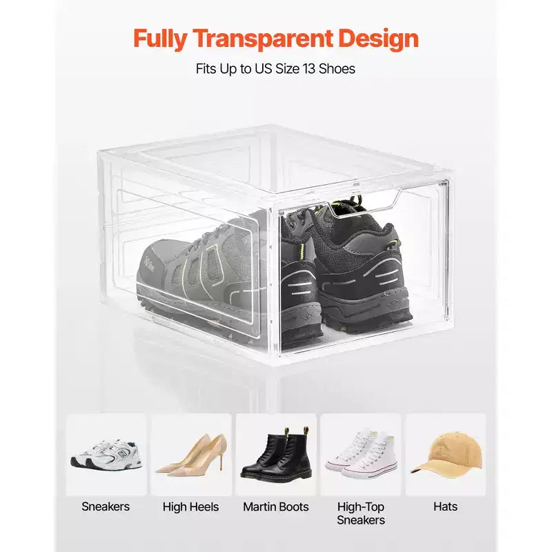 Scatole per scarpe impilabili trasparenti, confezione da 12 con sportello magnetico, adatte fino alla taglia US 13