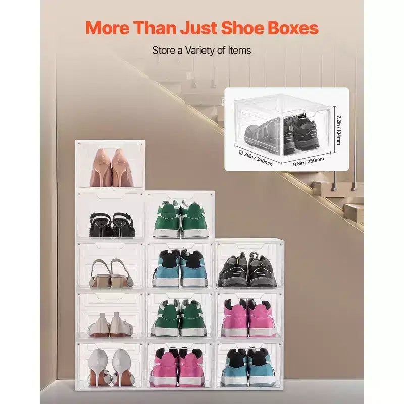 Scatole per scarpe impilabili trasparenti, confezione da 12 con sportello magnetico, adatte fino alla taglia US 13