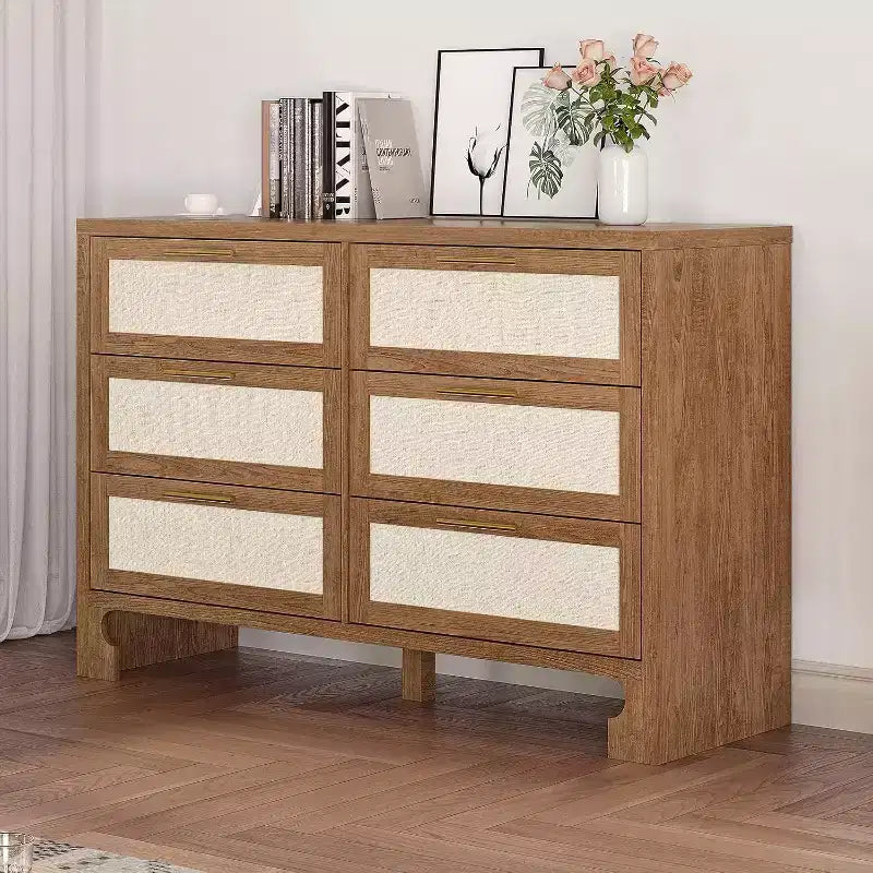 Mid Century 6-Drawer Dresser - Burlap & Wood Storage for Bedroom, Living Room or Nursery