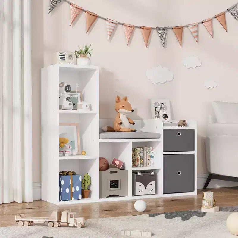 Kids Bookshelf Toy Storage, Children Bookcase with Cushioned Seat - 3-in-1 Reading Nook & Storage Organizer, 44.1 Wide for Playroom