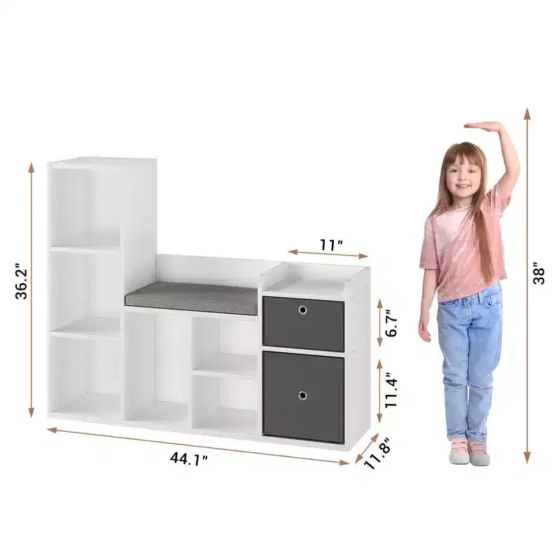 Libreria per bambini e panca portaoggetti con seduta imbottita