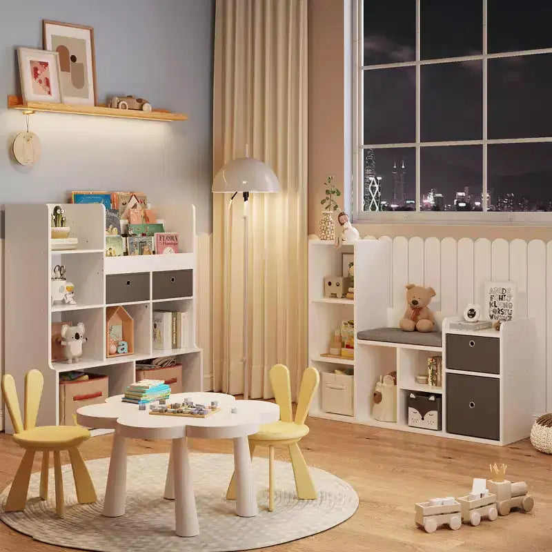 Libreria per bambini e panca portaoggetti con seduta imbottita