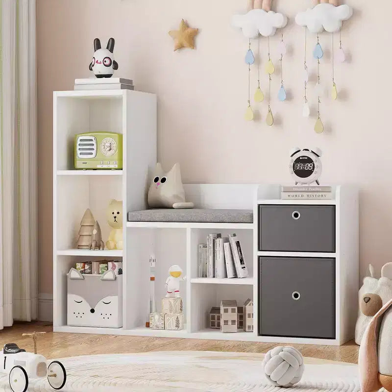 Libreria per bambini e panca portaoggetti con seduta imbottita