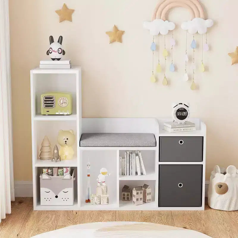Libreria per bambini e panca portaoggetti con seduta imbottita