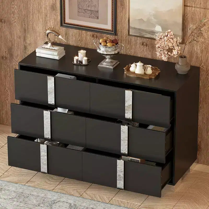 Cassettiera a 6 cassetti con maniglie e gambe a specchio, Comò in legno per camera da letto