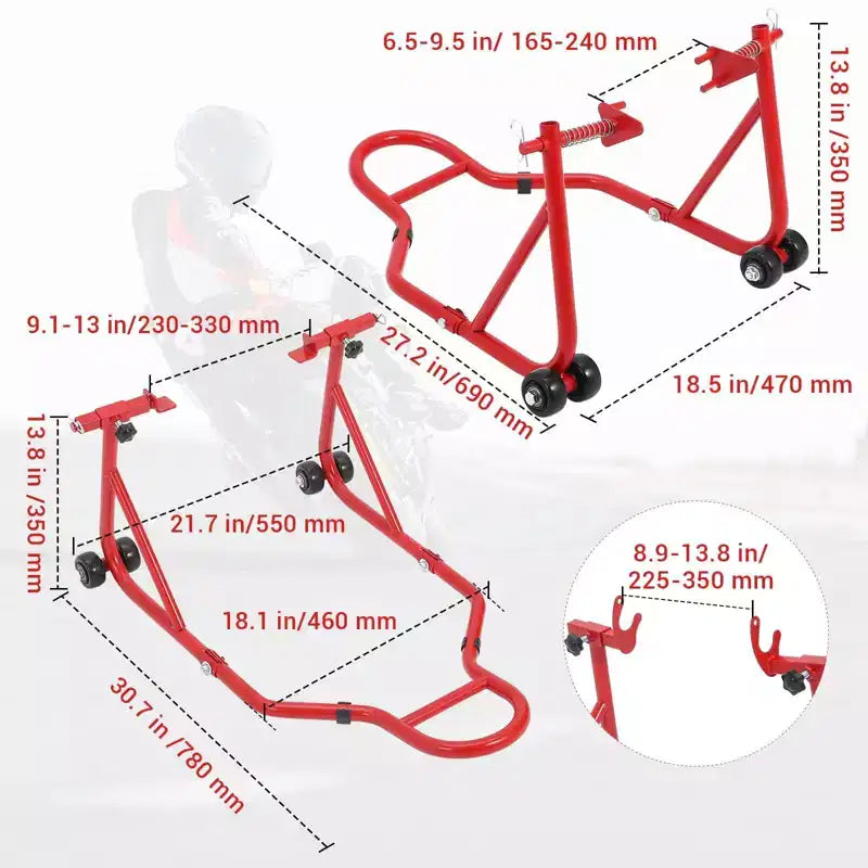 Cavalletto Solleva Moto Robusto con Ruote – Anteriore e Posteriore Regolabile, Capacità 385 kg