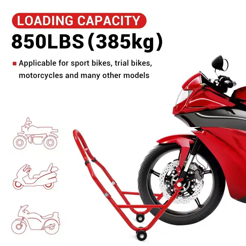 Cavalletto Solleva Moto Robusto con Ruote – Anteriore e Posteriore Regolabile, Capacità 385 kg