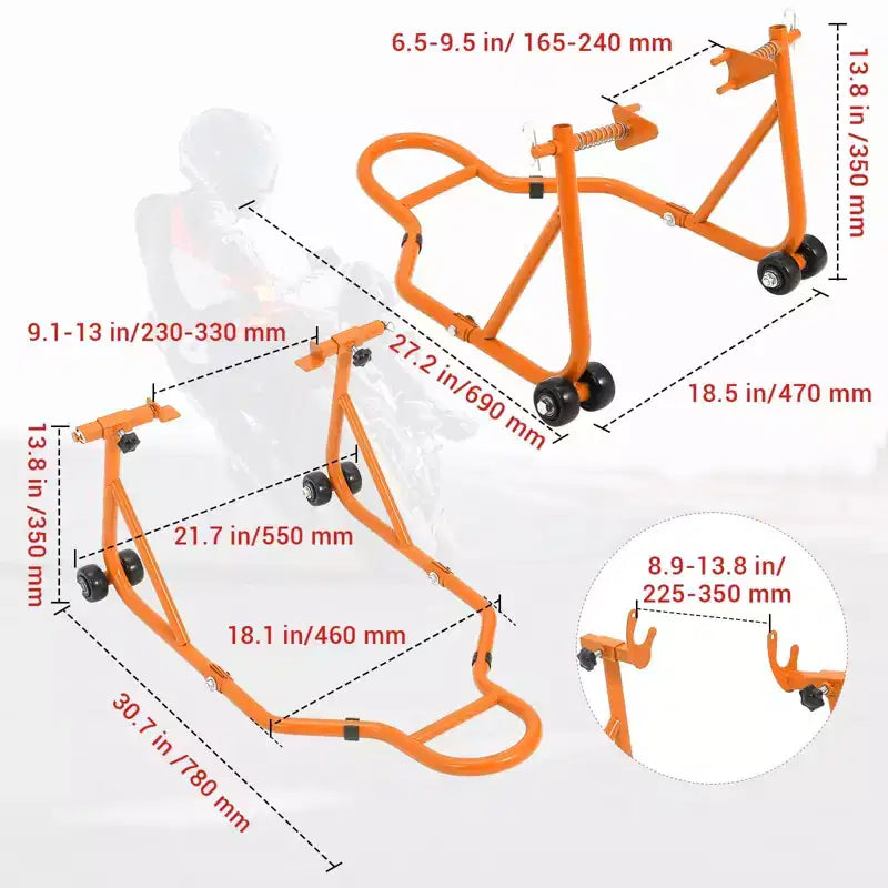 Cavalletto Solleva Moto Robusto con Ruote – Anteriore e Posteriore Regolabile, Capacità 385 kg