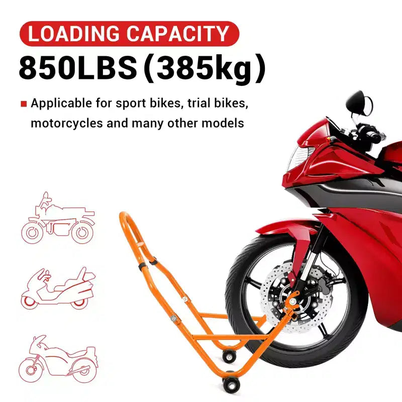 Cavalletto Solleva Moto Robusto con Ruote – Anteriore e Posteriore Regolabile, Capacità 385 kg