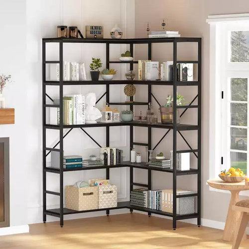 TROPOW 5 Tier Corner Bookshelf, Industrial Bookshelves, L Shape Tall Bookcase with Storage with Heavy Duty Metal Frame for Bedroom Living Room