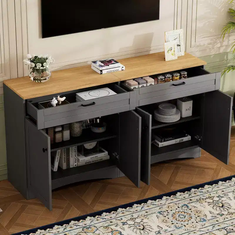 Mobile TV da masseria con 2 cassetti per TV fino a 70 pollici, mobile credenza con venature del legno