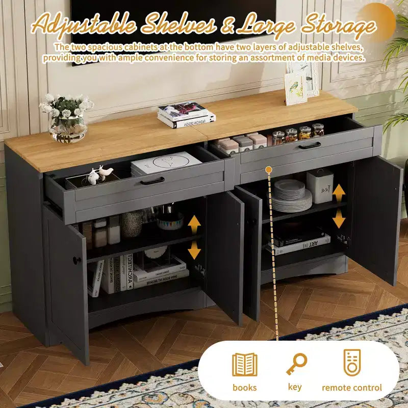 Mobile TV da masseria con 2 cassetti per TV fino a 70 pollici, mobile credenza con venature del legno