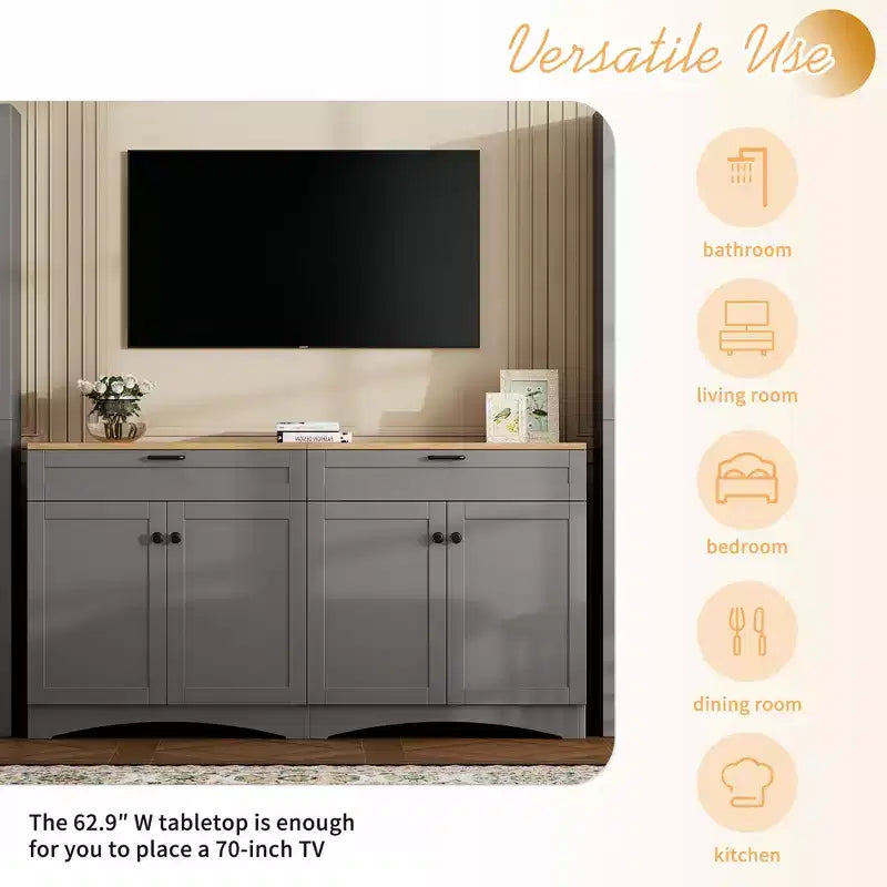 Mobile TV da masseria con 2 cassetti per TV fino a 70 pollici, mobile credenza con venature del legno