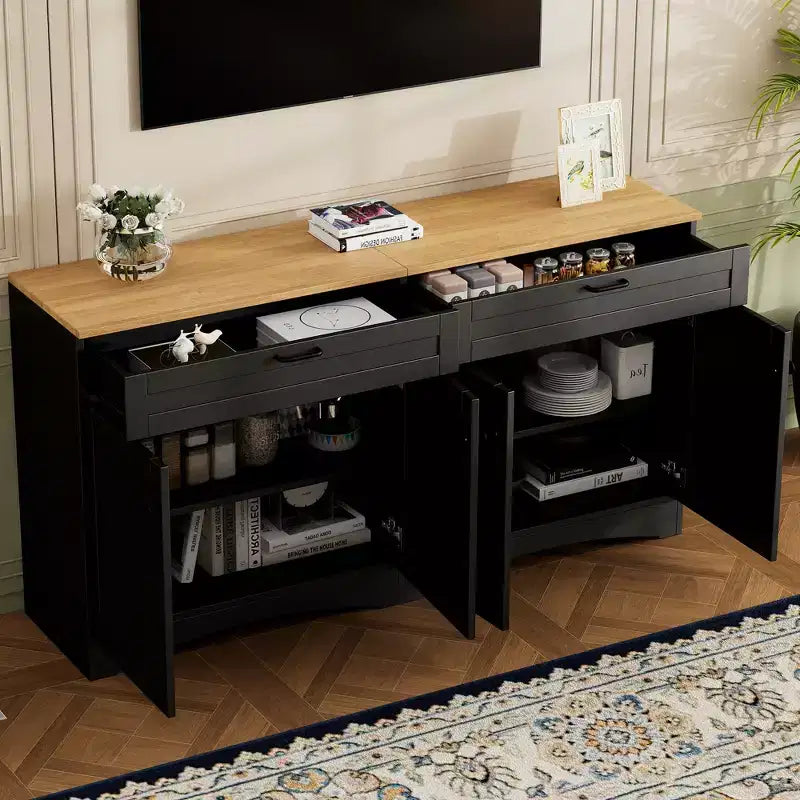 Mobile TV da masseria con 2 cassetti per TV fino a 70 pollici, mobile credenza con venature del legno