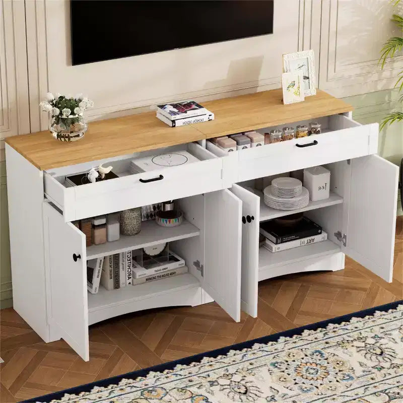 Mobile TV da masseria con 2 cassetti per TV fino a 70 pollici, mobile credenza con venature del legno