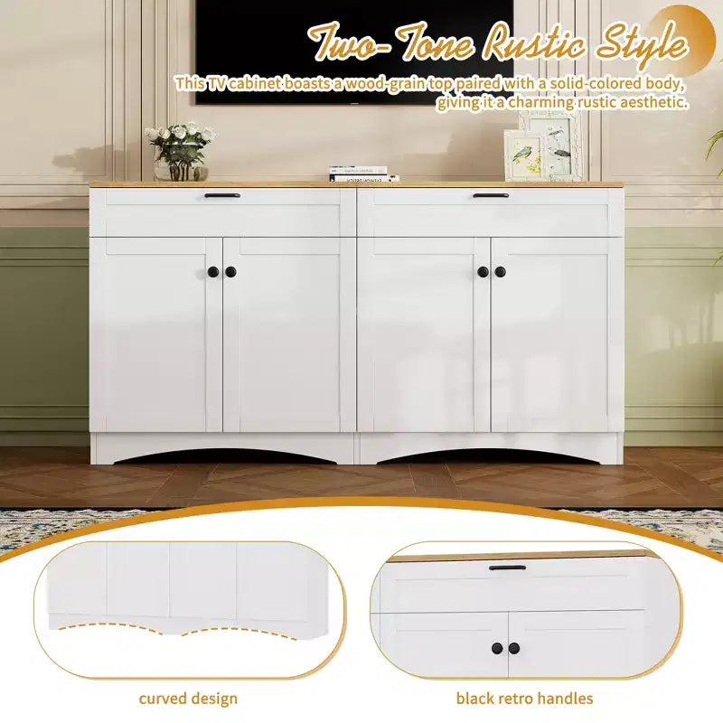 Mobile TV da masseria con 2 cassetti per TV fino a 70 pollici, mobile credenza con venature del legno