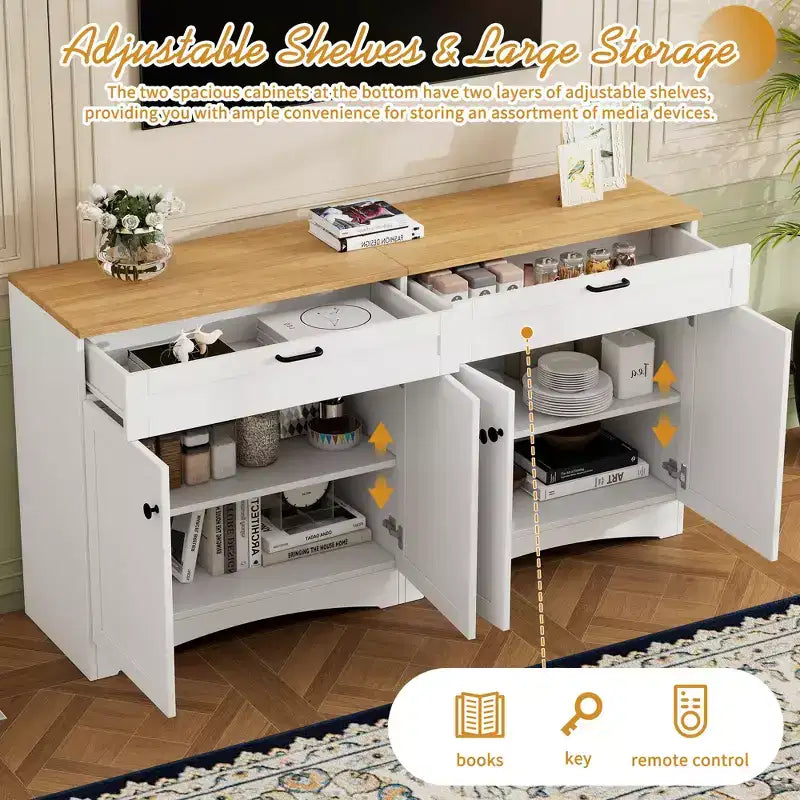 Mobile TV da masseria con 2 cassetti per TV fino a 70 pollici, mobile credenza con venature del legno