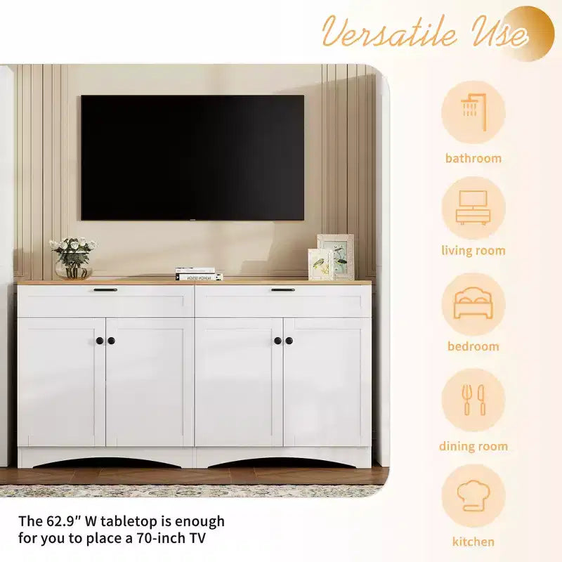 Mobile TV da masseria con 2 cassetti per TV fino a 70 pollici, mobile credenza con venature del legno