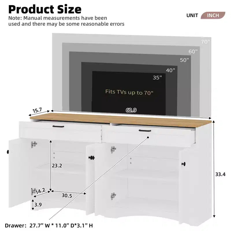 Mobile TV da masseria con 2 cassetti per TV fino a 70 pollici, mobile credenza con venature del legno