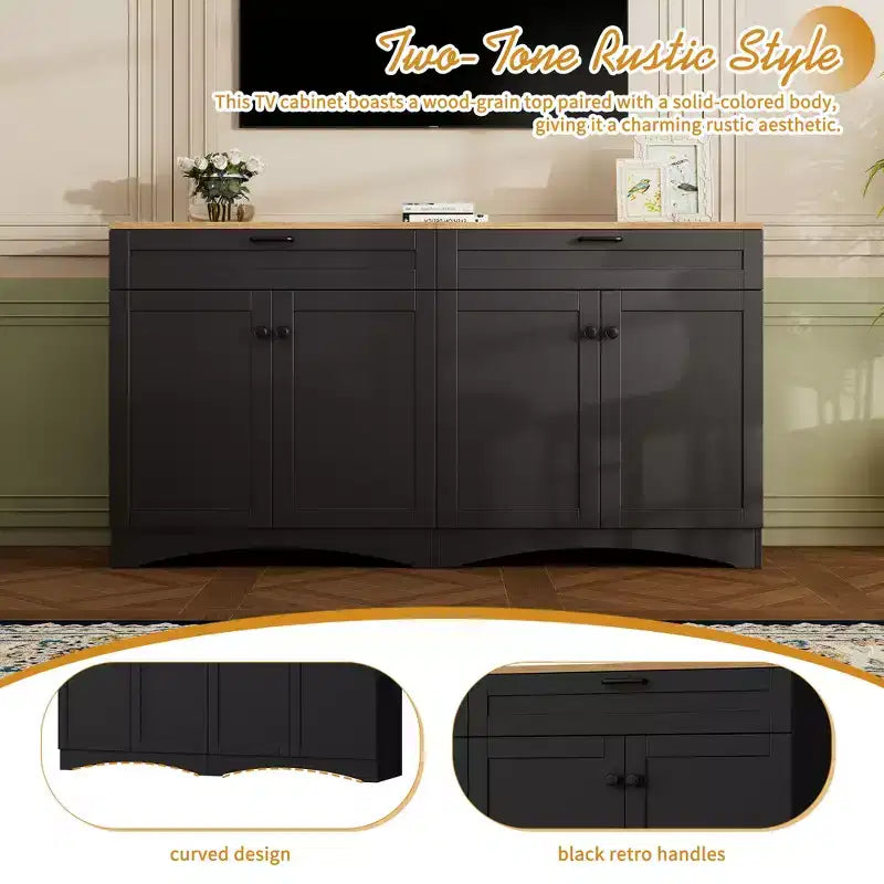 Mobile TV da masseria con 2 cassetti per TV fino a 70 pollici, mobile credenza con venature del legno