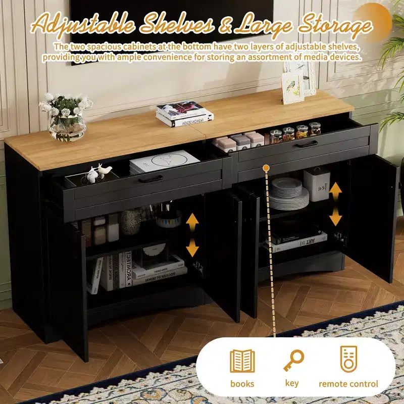 Mobile TV da masseria con 2 cassetti per TV fino a 70 pollici, mobile credenza con venature del legno