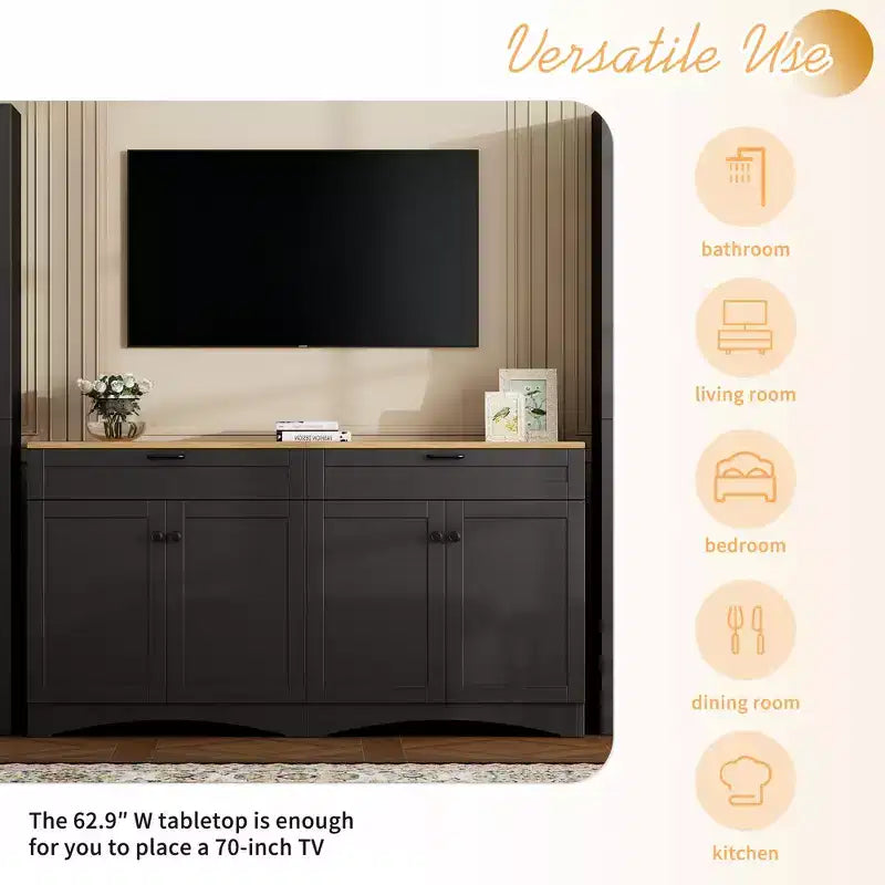 Mobile TV da masseria con 2 cassetti per TV fino a 70 pollici, mobile credenza con venature del legno