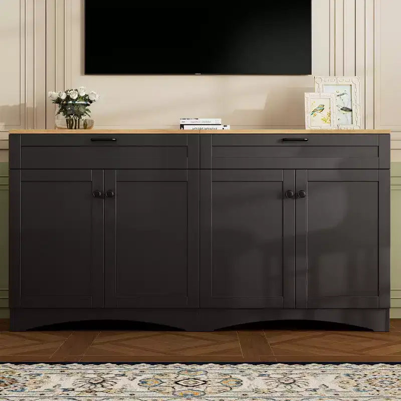 CLIHOME Farmhouse TV Stand with 2 Drawers for TVs Up to 70, Versatile Wood Grain Sideboard, Mid-Century Buffet Cabinet