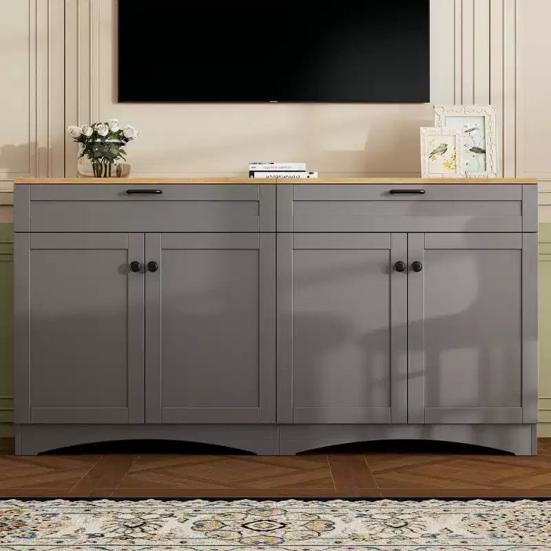 Mobile TV da masseria con 2 cassetti per TV fino a 70 pollici, mobile credenza con venature del legno