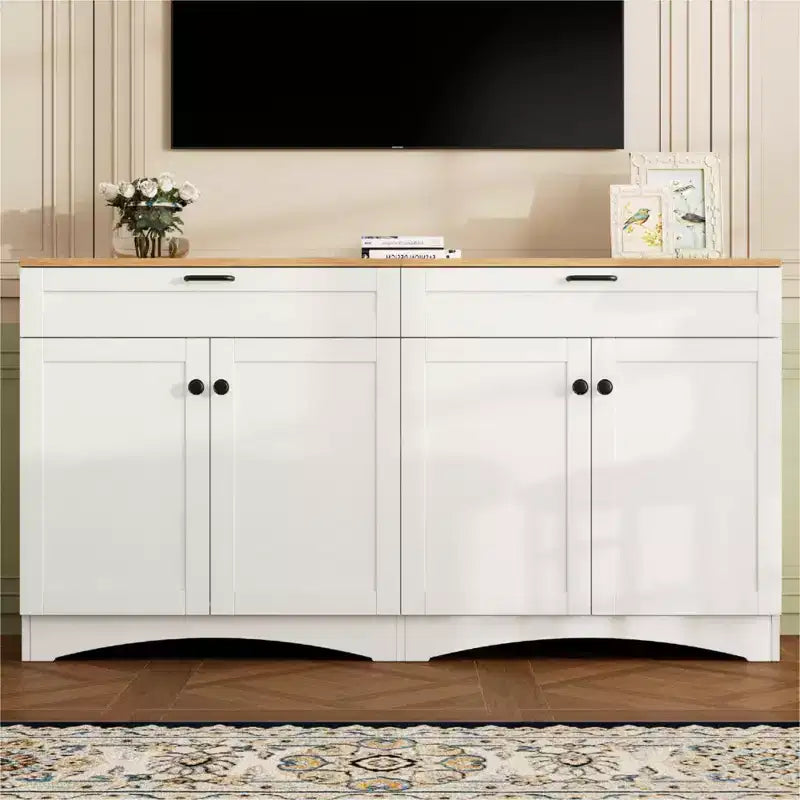 Mobile TV da masseria con 2 cassetti per TV fino a 70 pollici, mobile credenza con venature del legno