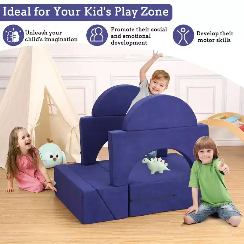 Divano da gioco componibile per bambini con fodere rimovibili – Blu / Grigio