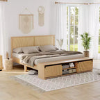 Letto a piattaforma in rattan Full Size con mobili contenitori