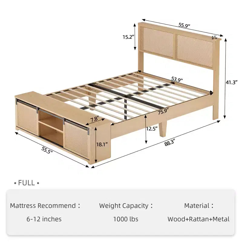 Letto a piattaforma in rattan Full Size con mobili contenitori