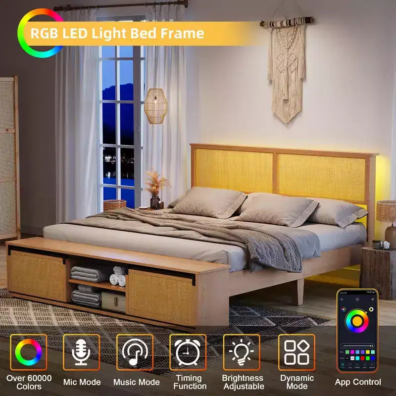 Letto a piattaforma in rattan Full Size con mobili contenitori